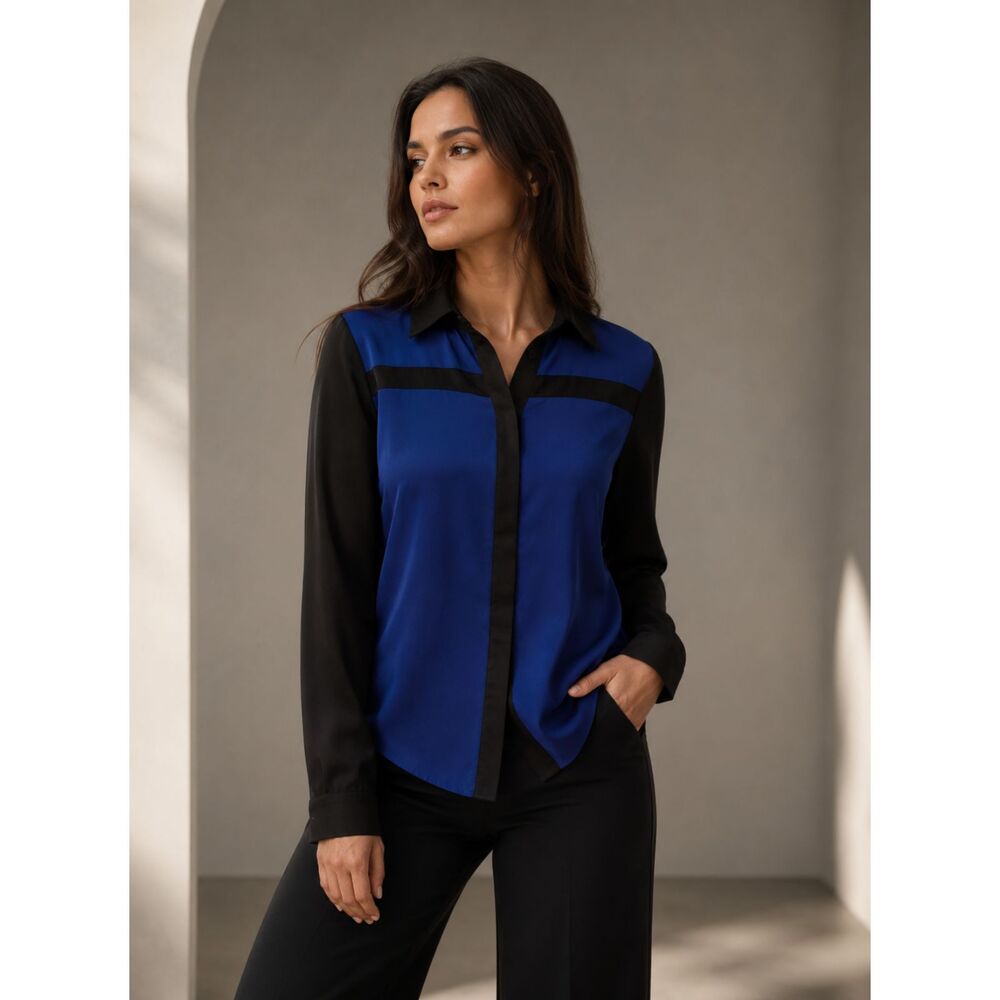 Parker Mesh Inset Top Silk Blue Black Size Medium NWT